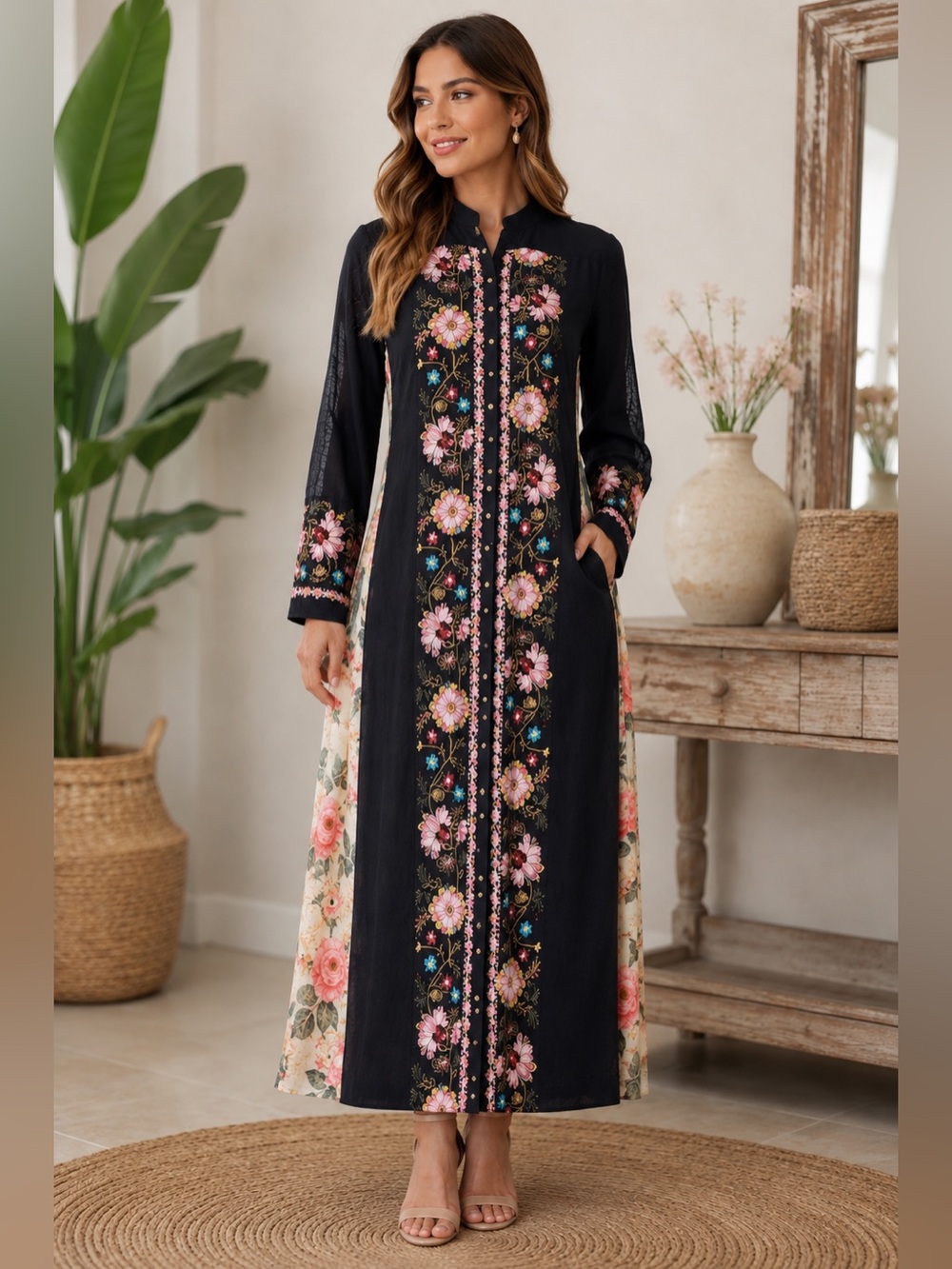 Aratta Black Embroidered Floral Maxi Kimono Jacket Dress- Feminine Bohemian S